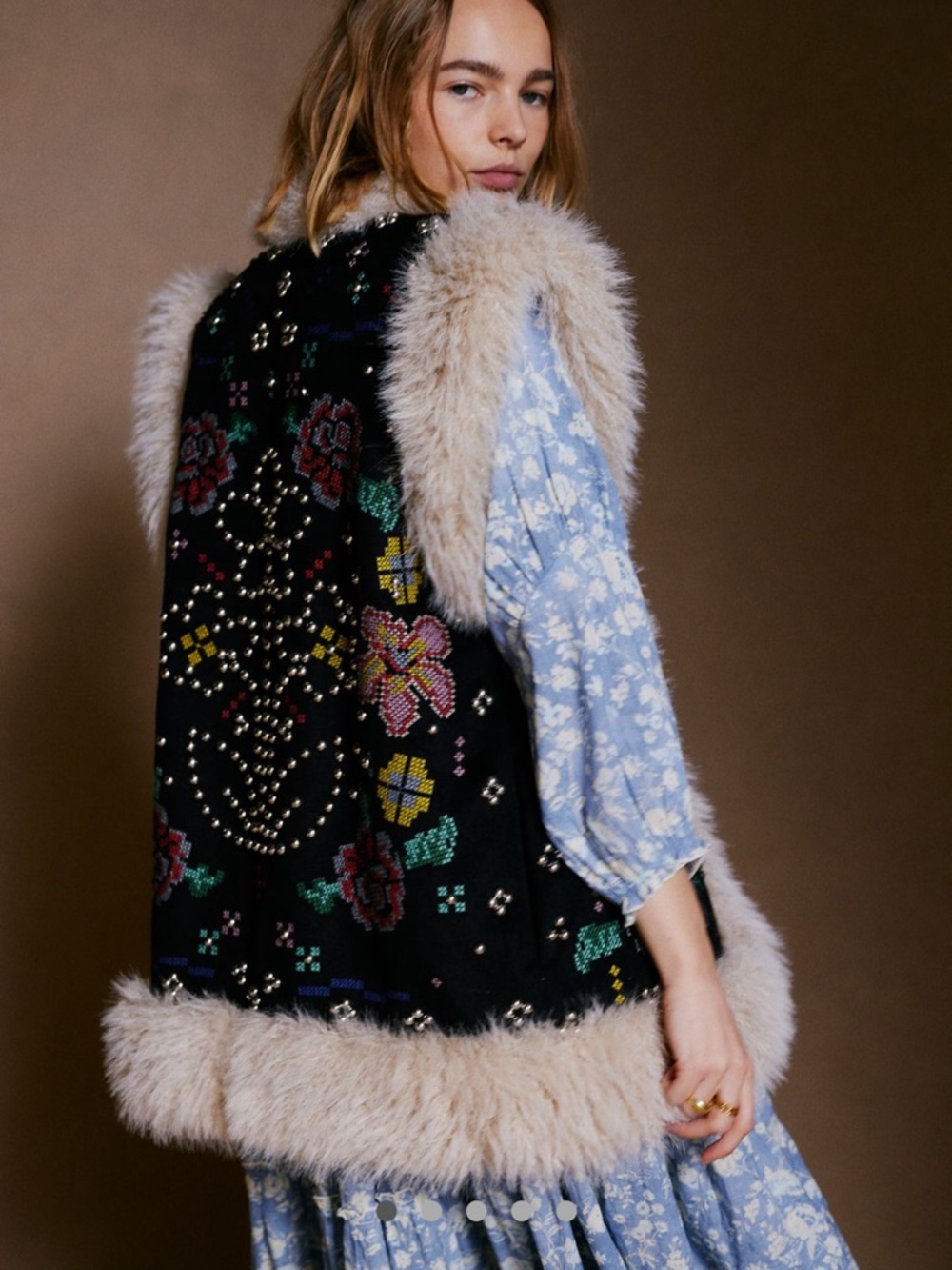 Free People out and about best Black Embroidered Vest with Cream Faux-Fur Trim
